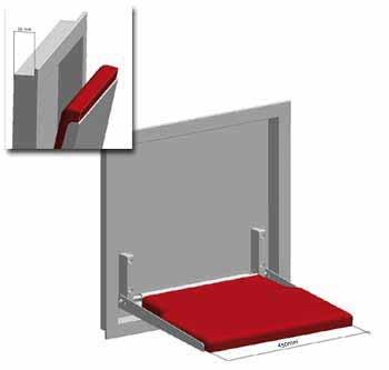 Folding seat Klappsitz Available to be fixed on walls or embedded with stainless steel grit 180-240 niche. Lieferbar aufgesetzt oder versenkt mit Nische aus Edelstahl geschliffen.