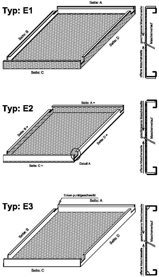 Einhängekantungsvariationen beim Standard-Einhängesystem Einhängekante Typ: E1 Standardvariante mit einem inliegenden Rahmen, wodurch die Streckmetall- Kassette eine vollflächiges Streckmetallbild