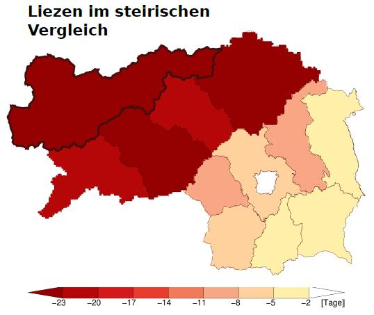 Klimawandel - Zukunft Schnee Steiermark Tage mit > 30 cm Schneedecke (2021 2050 vs.
