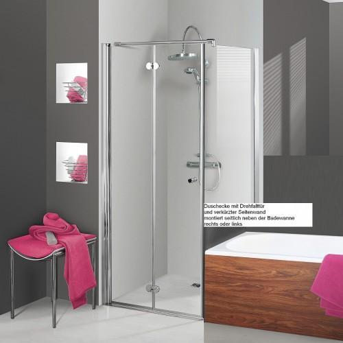 1.33 BA67760 Drehfalttür Duschtür mit kurzer Seitenwand Duschkabine für Einbau neben eine Badewanne ESG 8 mm Neben der Badewanne entsteht häufig Freiraum für eine Duschkabine vorausgesetzt, die