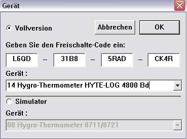 Es öffnet sich folgender Dialog: Wählen Sie nun bei Gerät: den Gerätetreiber 14 Hygro-Thermometer HYTE-LOG 4800 BD aus.