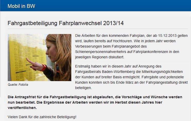 - Landesfahrgastbeirat Baden- Veröffentlichung der Fahrplanentwürfe zum Winterfahrplan 13/14 - Veröffentlichung der Entwürfe im Internet -