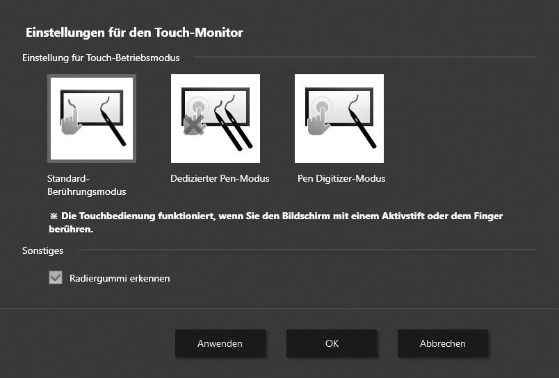 Einstellungen für den Touch-Monitor 1. Klicken Sie auf das Touch pen Management Tool-Symbol ( ) in der Taskleiste. 2.