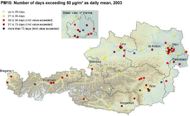 16 Jahresbericht der Luftgütemessungen in Österreich 2003 Figure 1: PM10: Number of days exceeding 50 µg/m 3 as daily mean in Austria in 2003.