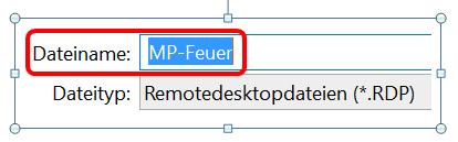 Im Feld Dateinamen wird empfohlen, den dortigen Vorschlag Default, mit dem Eintrag MP-Feuer zu ersetzen: Nach dem Abspeichern der Verbindungsdaten, besteht die Möglichkeit sofort eine Verbindung