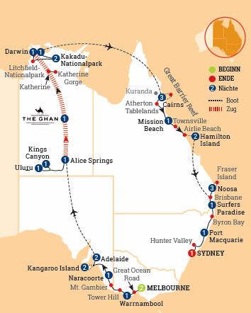 29 Tage Kaleidoskop Australien Unser umfassendstes Australien-Erlebnis: In 29 Tagen führt die Reise von Melbourne über Kangaroo Island und Adelaide durch das Northern Territory inklusive einer