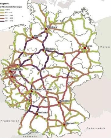 Der Infrastrukturbedarf IO Die Analyse des deutschen Straßennetzes ergibt: Quellen: HDV density on BAB-network ; Verkehr in Zahlen 2012; TREMOD 2012 GS KS LS BS BAB Längedes Straßennetzes CO 2