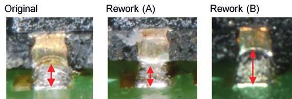 Während Rework (A) dem Original sehr nahekommt, zeigt Rework (B) eine deutlich größere Lotmenge auf den SOP-Pins.