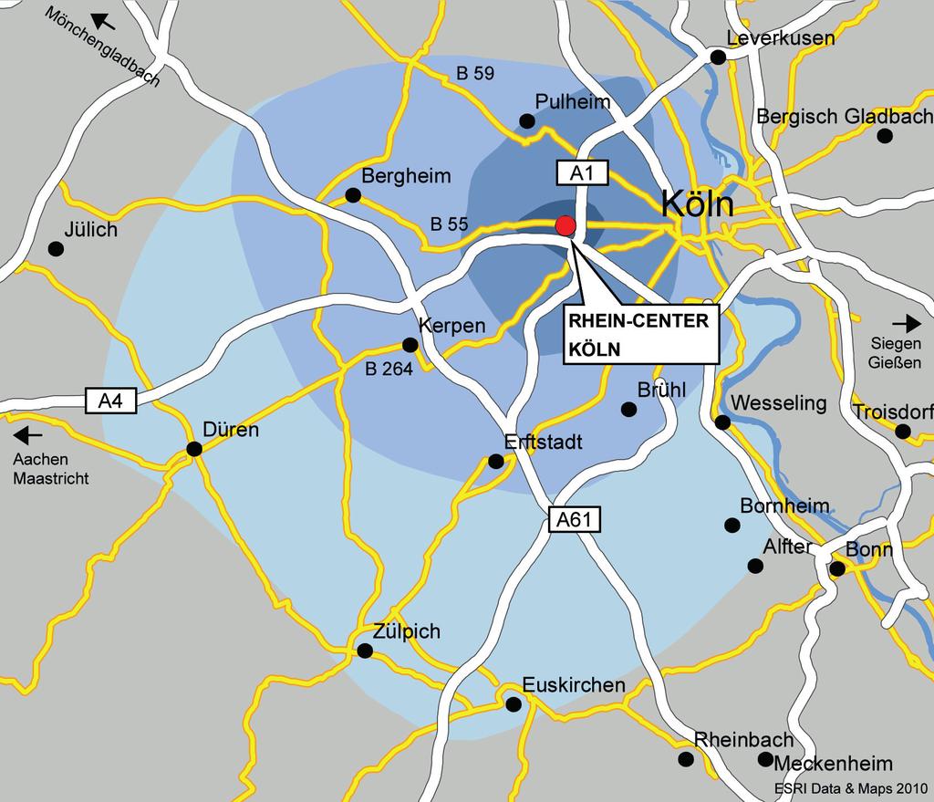Erreichbarkeit / Einzugsgebiet Das Rhein-Center befindet sich an der Aachener