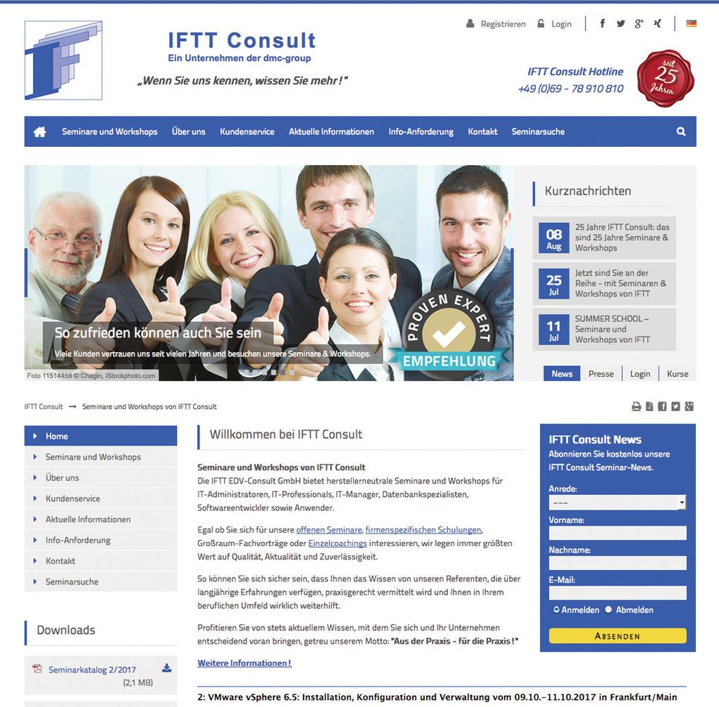 ) Informationen zu firmenspezifischen Schulungen (Customized Trainings) Referenzen zu unseren Kursen Anfahrtsbeschreibungen zu IFTT EDV-Consult GmbH und den jeweiligen Seminarhotels (inklusive