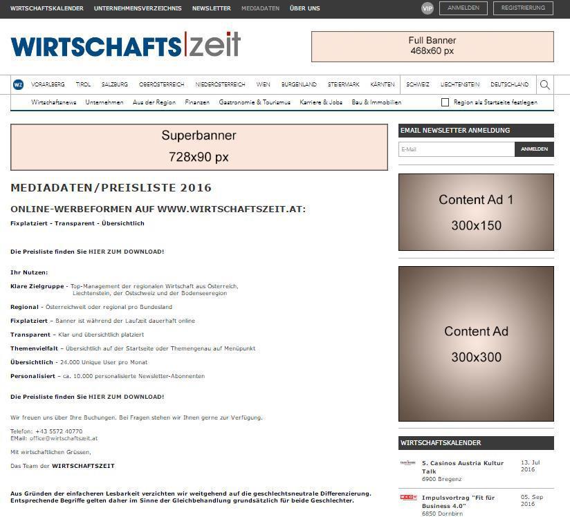 Preisliste Mediadaten Online-Werbeformen 2019 Fixplatziert - Transparent Übersichtlich Klare Zielgruppe - Top-Management der regionalen Wirtschaft aus Österreich, Liechtenstein, der Ostschweiz und