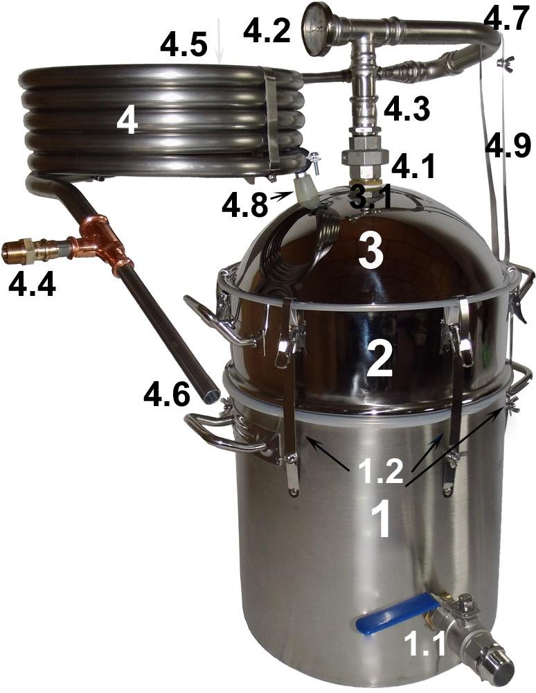 DESTILLIERMEISTER-JUMBO PREMIUM-53 50 l -Destille mit Helm, Kolonne, Gegenstrom-Hochleistungskühler und Kessel - Auslaufhahn Für Branntwein und ätherische Öle Solider dickwandiger Brennkessel aus