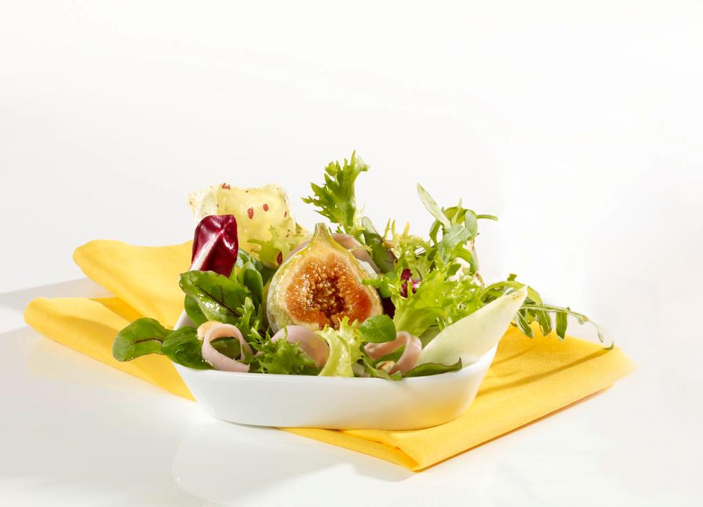 Gemischter Salat mit Feigen (Für 4 Personen) Zubereitungszeit: 20 min Schwierigkeitsgrad: leicht 250 g gemischter Salat, z. B. Feldsalat, Klee, Sauerampfer, Pimpinelle, Kräuter, Rucola, usw.