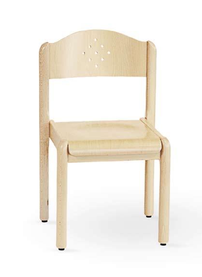 Klassischer Stuhl mit runden Beinen. Der Sperrholzsitz ist an der Vorderkante gerundet.