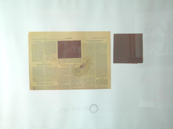 Das Warhol-Beuys-Ereignis, 1979 Art: Publikation, auf Seiten 16/17 mit Ölfarbe (Braunkreuz) und Bleistift bearbeitet Größe: 29,7 x 42 cm Auflage: ca.