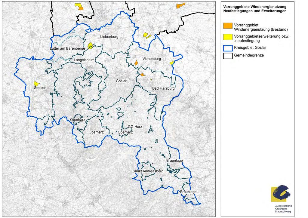 Übersicht: Geplante Abgrenzung Vorranggebiete im LK Goslar Gebiete: + Lochtum + Schlewecke GS