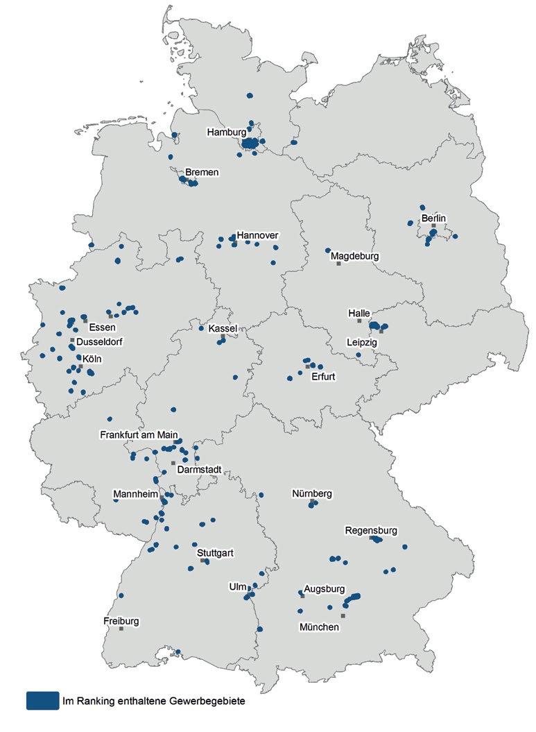 Eine besonders hohe Dichte an erfolgreichen Logistik-Gewerbegebieten ergibt sich im Großraum Hamburg, dem Rheinland, dem Ruhrgebiet sowie dem Großraum zwischen Stuttgart und Franfurt am Main.