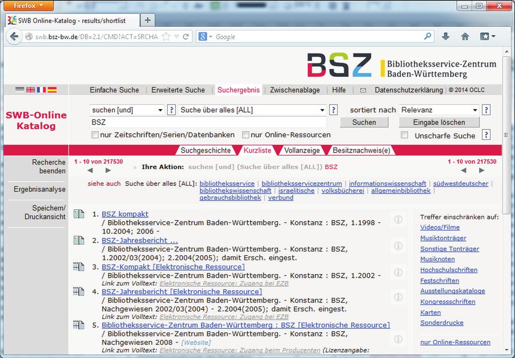 Online-Katalog der SWB-Verbunddatenbank zur kostenlosen Literaturrecherche te für Bi