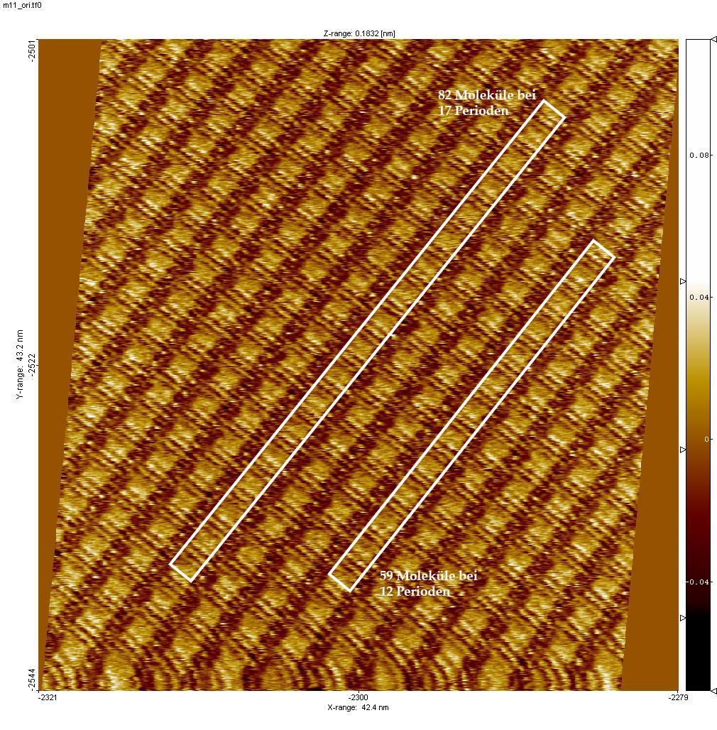 Abbildung 4: Das aus der Schwebung der Gitterstrukturen der Arachinsäure sowie des Graphits entstehende Moiré-Muster wobei x die Anzahl der Moleküle in einer Moiré-Periode und a = 246 pm die