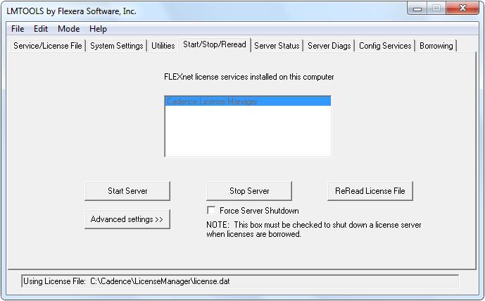 Über Start/Stop/Reread können Sie die License Server Funktion testen.