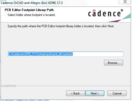 In Abhängigkeit der im vorherigen Fenster gewählten Option (PCB Editor footprint viewer) wird der Default Pfad der von Cadence