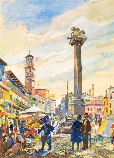 Oskar Laske (Czernowitz 1874-1951 Wien) 48 Gemüsemarkt in Verona Die Piazza delle Erbe 1931 Gouache auf Papier 46,7 x 33,9 cm Signiert und datiert rechts unten: O. Laske 23. IV.