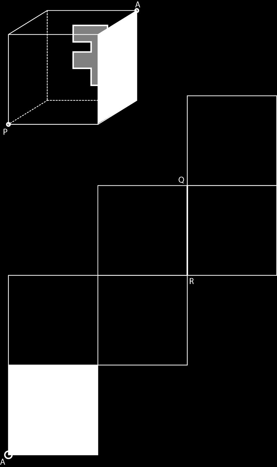 11/15 Aufgabe 11 3 P. Der abgebildete Würfel wird so auf das Netz gestellt, dass die graue Fläche und der Punkt A sich decken. Anschliessend wird der Würfel zum abgebildeten Netz aufgefaltet.