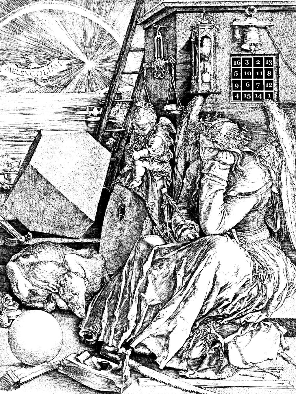Aufgabe 86. Melancholie anno 4. Auf dem Bild sehen Sie den Kupferstich Melancholie von Albrecht Du rer aus dem Jahre 4.