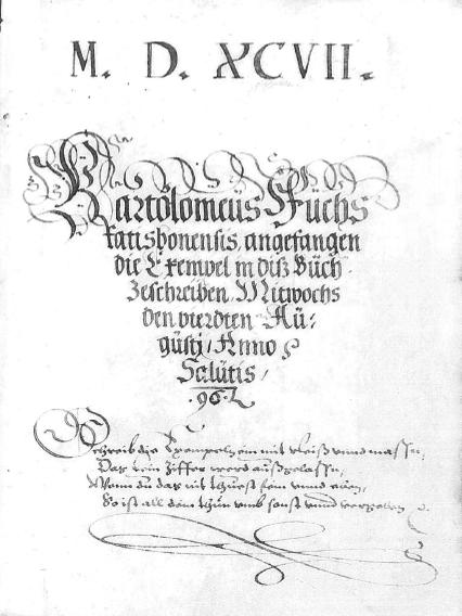 6. Bartholomäus Fuchs Werke 1578-1653 Rechenhandschrift, die ersten Seiten nach Kandler ab 04.08.1596-1597 cgm 4144, 207 Bl. Folgender Vers findet sich auch am Schmutztitel von cgm 4143.