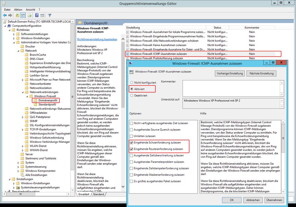 Gruppenrichtlinienverwaltungs-Editor, Ordner Domänenprofil, Windows-Firewall: Eingehende Ausnahme für Datei- und Druckerfreigabe zulassen - AKTIVIEREN ICMP aktivieren