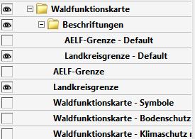 1: Ebenenstruktur Die Waldfunktionskarte mit der Forstlichen Übersichtskarte Neben der Waldfunktionskarte sind drei Symbole zu erkennen: Das Augensymbol Das Augensymbol (s. Abb.