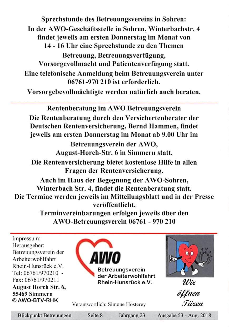 Sprechstunde des Betreuungsvereins in Sohren: In der AWO-Geschäftsstellc in Sohren, Winterbachstr.