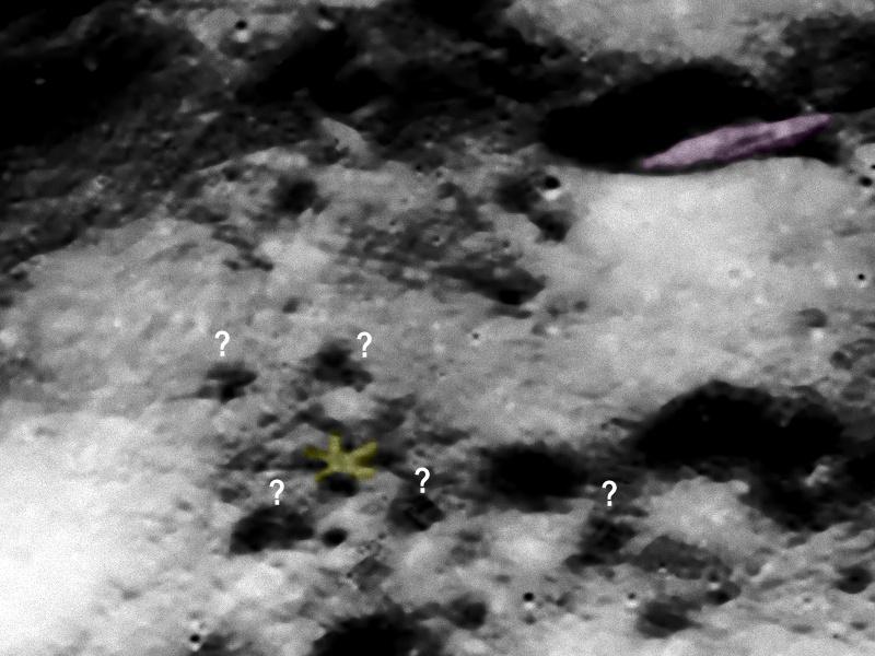 Künstliche Bauten? Mögliche Artefakte Der Bereich zwischen dem äußeren Kraterrand (Itzak-D) und dem havarierten Raumschiff zeigt einige Auffälligkeiten.