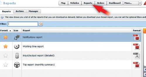 Die Reports -Ansicht Wählen Sie im Hauptmenü Reports aus, um die WEBFLEET-Reporting-Funktionen aufzurufen.