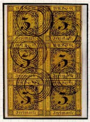 Mi. Nr. 2a Einheiten gebraucht Reg. Nr. 0063; Schwenn 12.3.1968 Los Nr. 1880 Ausruf EUR 9.000,-- + Aufgeld. Aus der sogenannten Cock-Sammlung, der schönste der beiden noch existierenden Sechserblöcke.