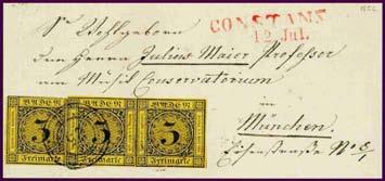 Mi. Nr. 2a Frankaturen auf Brief EINHEITEN AUF BRIEF Absender : Aus Konstanz Ziel: München Marke : Mi. Nr. 2a(3) Datum: 1852.07.12.