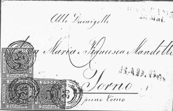 Mi. Nr. 2a Frankaturen auf Brief Absender : Aus Konstanz. Ziel: Torno/Österreich. Italien Marke : Mi. Nr. 2a(3) Datum: 1851.05.23. Stempel : Nr.