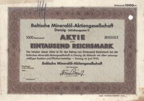 207 Schätzpreis: 90,00 EUR Bank für Handel und Gewerbe AG Aktie 1.000 RM, Nr. 573 Kattowitz, 5.6.1942 UNC/ Auflage: 400. Gegründet 1922.