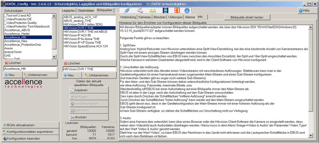 Unter dem Reiter Info (ganz oben rechts) werden nach Anklicken weitere Hinweise angezeigt, welche Einstellungen ggf. an der Bildquelle vorgenommen werden müssen, damit alles funktioniert.