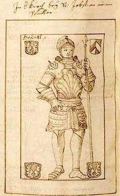 men mit Putten und die vorzüglich gearbeitete Relieffigur des Ritters Peter von Altenhaus in voller Rüstung, Rennfahne und Schwert, zu seinen Füßen ein Hund, als Zeichen der innigen Treue.