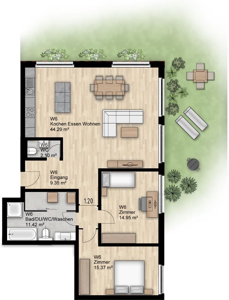 Wohnung 6 Obergeschoss mit Garten Zimmer: 3 ½