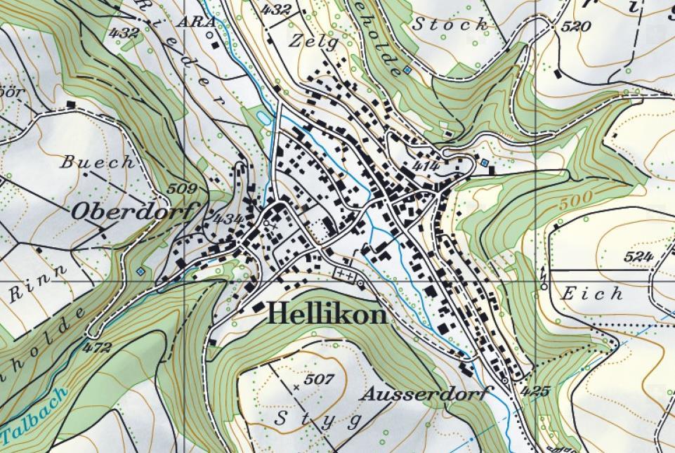 Ortsplan & Information Das Projekt entsteht in einem ruhigen Quartier im südwestlichen Teil an einer Hanglage des Dorfes Hellikon.