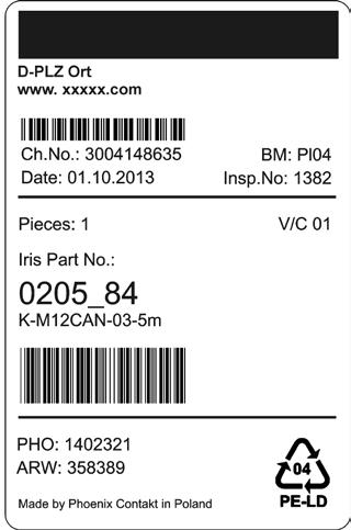 Beispiel für eine Kabelbeschriftung mit Etikett 7.3 Mögliche Etiketten auf der Verpackung Herstellerangaben: Logo, Adresse,.