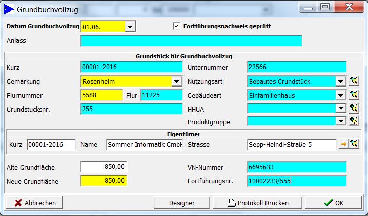 Grundbuchvollzug Das aktuelle Grundstück wird auf den Status Bestand / vollzogen gesetzt.