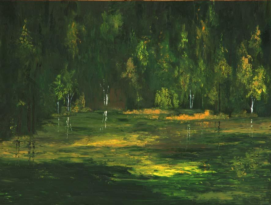 Teich im Birkenwald, 2005, Öl auf Hartfaserplatte, 60 x 80 cm Moorlandschaft, 200, Acryl auf Hartfaserplatte, 60 x 80 cm Die Bilder von Kornelia Fröhlich-Grassmann beeindrucken durch ihren