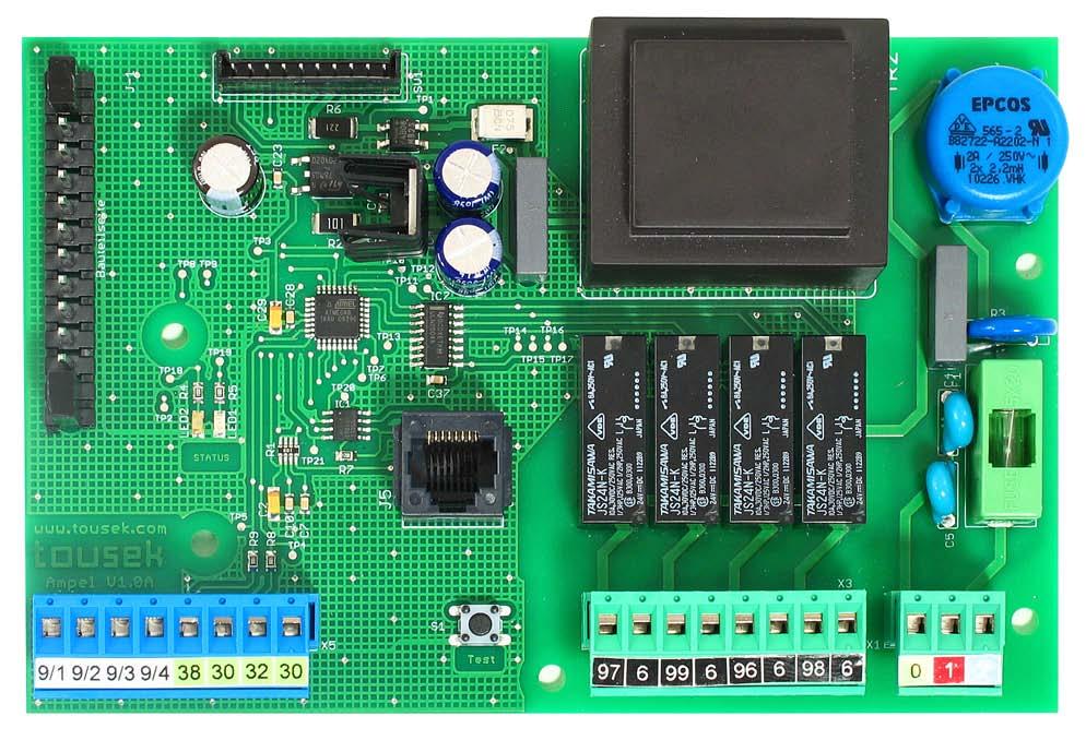 Ampelsteuerung STA 0 FU T ISD B F L L 88 89 TA K Komponenten der Ampelsteuerung (K) Klemmenleisten (TA) Testtaster (schaltet alle Ampelleuchten ein) (L ) grüne LED: Status OK (L ) rote LED: Fehler