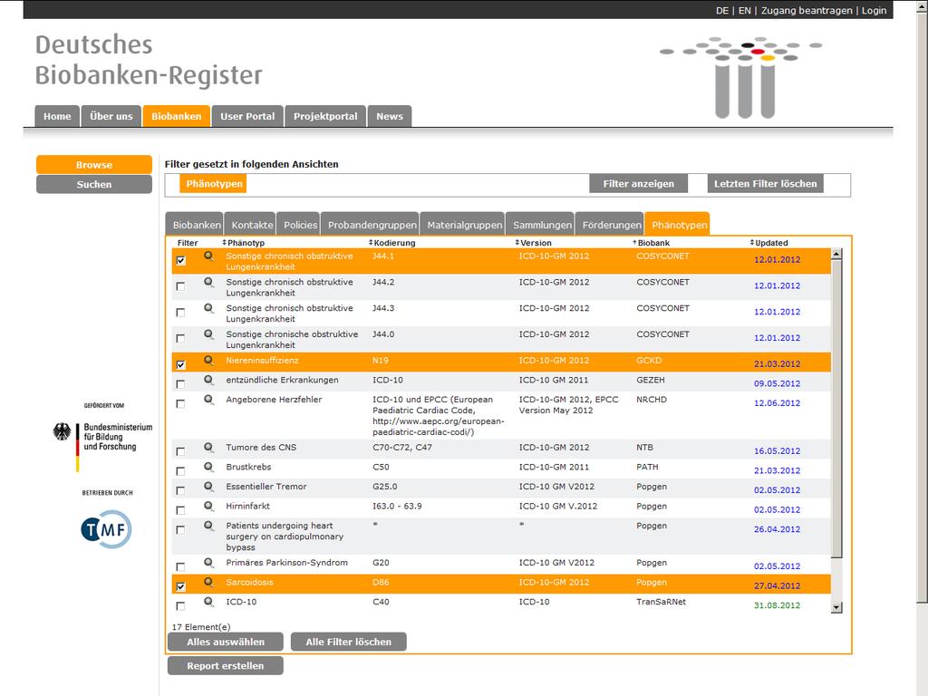 Deutsches Biobanken-Register (DBR-UP) Auswahl von Phänotypen Welches
