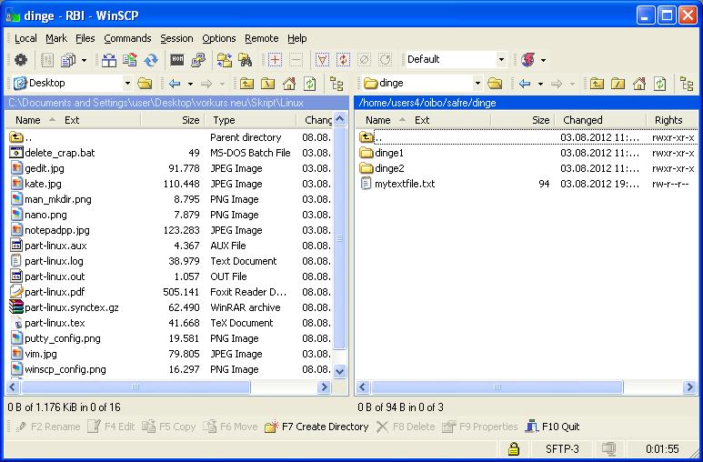 A.15). Abbildung A.15.: Das WinSCP-Hauptfenster. Links die Dateien des Windows-Rechners, rechts die Dateien im RBI-Verzeichnis 2.