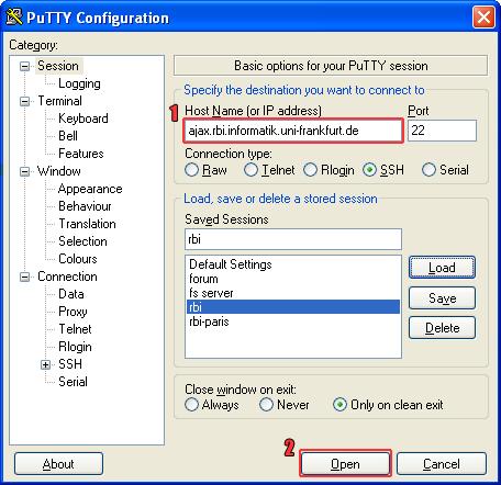 A.2. Remote Login Abbildung A.16.: Einstellung von Putty Anschließend kann man sich auf dem RBI-Rechner einloggen.