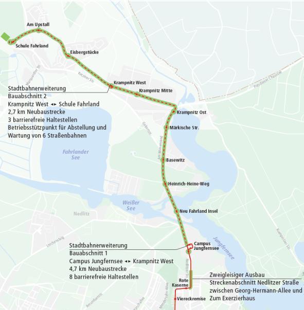 Herausforderung Krampnitz Entwicklung eines integrierten Stadtquartiers Planungsvorgaben Verkehr: Tram-Erschließung Krampnitz / Fahrland Minimierung der Erschließungsknoten für den Kfz-Verkehr